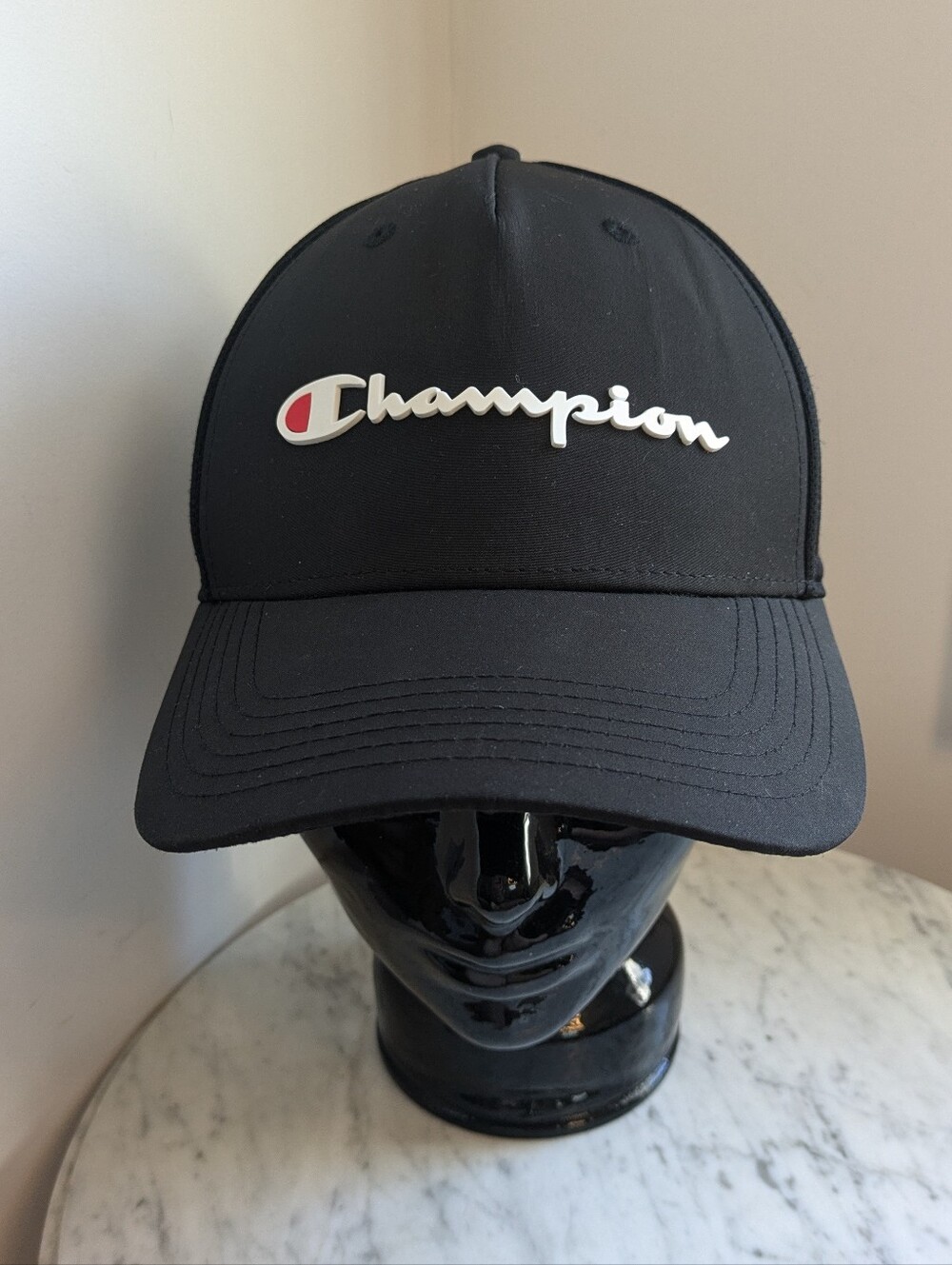 Champion Black Baseball Cap with White Script and Red Accent One Size